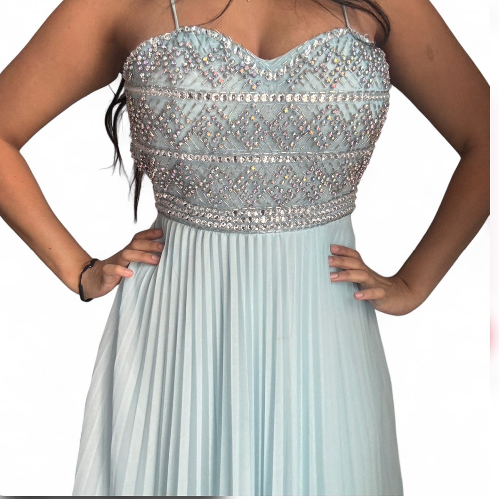 Light Blue Beaded Pleated Evening Dress